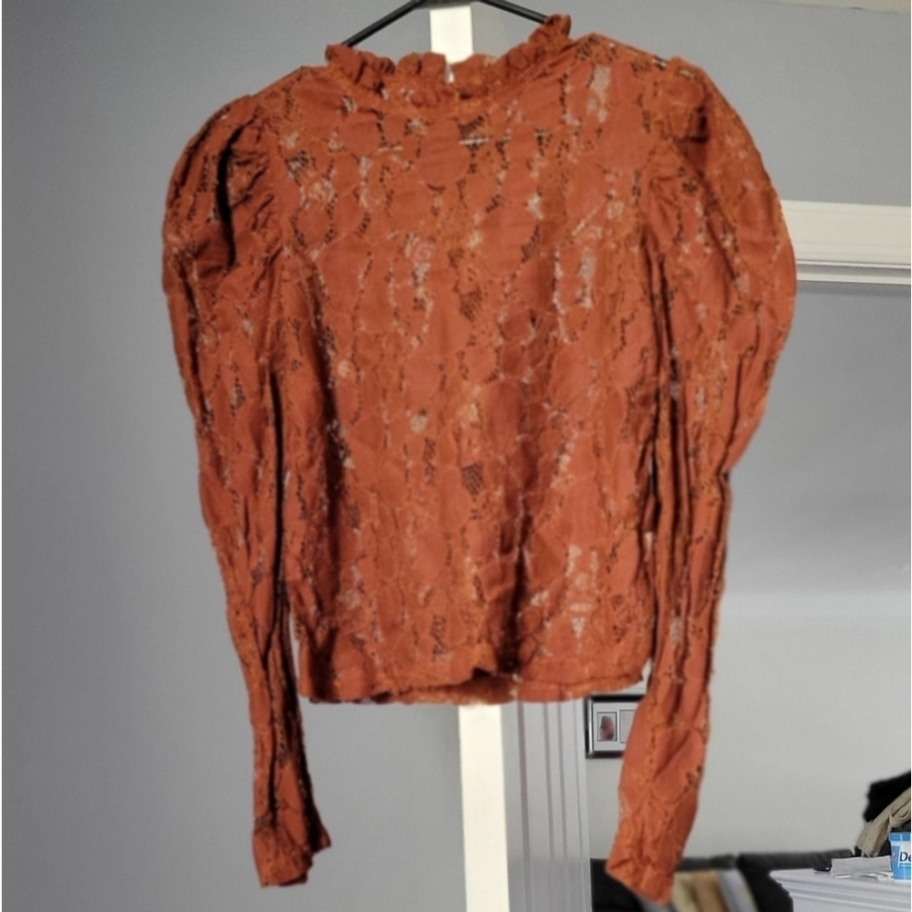 Rust Lace Long Sleeve Blouse with Ruffled Neckline - Picture 3 of 5